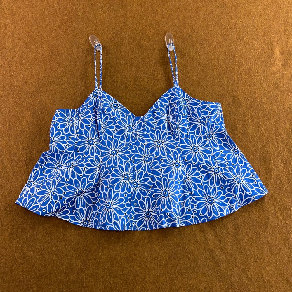 By & By Womens XXL Blue Floral Eyelet Cami Peplum Cropped Tank Top New